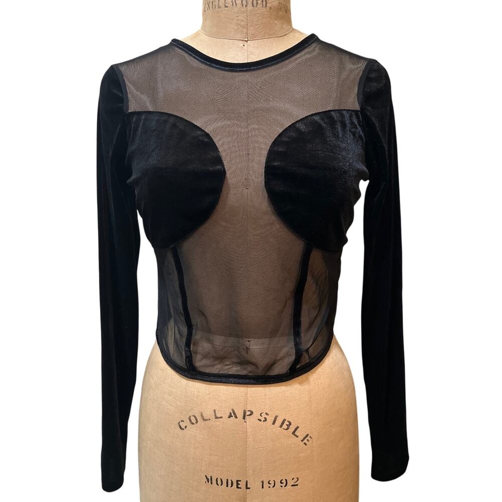Women's Velvet Sheer Mesh Contrast Long Sleeve Crop Top Black NWT Size XL